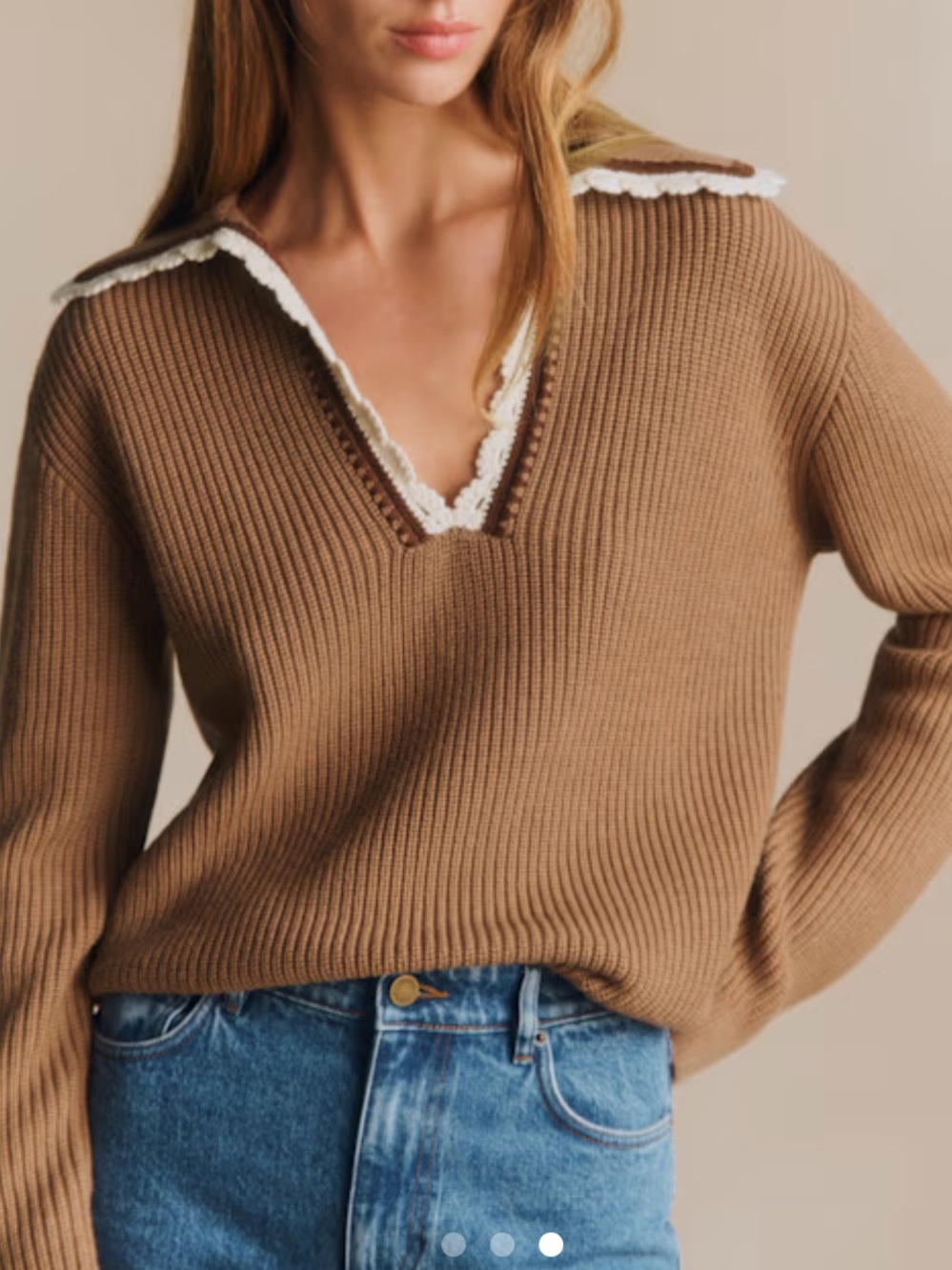 Sezane Ivane Sweater Camel with Ecru Details Small